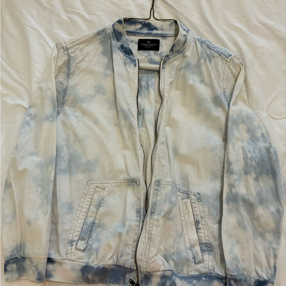 AEO American Eagle Tie-Dye Zip Bomber Jacket Blue White Y2K Grunge Size S